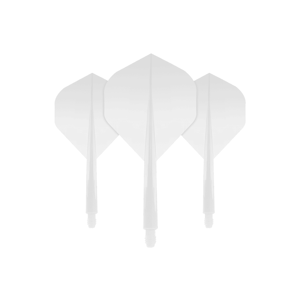 Das Bild zeigt drei weiße Dartflights mit Schäften aus dem Condor Axe White Flight-System Standard. Sie sind schlicht und einheitlich gestaltet.
